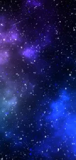 Vibrant galaxy wallpaper with blue and purple nebulae against a starry night sky.