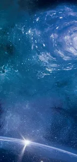 Blue galaxy vortex wallpaper with celestial scene.