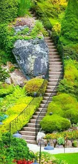 Beautiful garden stairs with lush greenery and colorful plants.