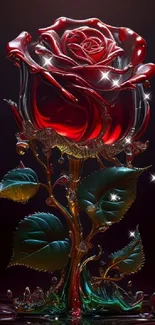 3D glass rose with vibrant red petals and green leaves.