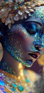 Vibrant and artistic glitter portrait wallpaper with blue and gold hues.