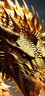 Golden dragon with intricately detailed scales in a vibrant mobile wallpaper.