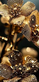 Intricate golden floral design wallpaper with shimmering flowers.