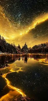 Golden night sky with starry lake reflection.