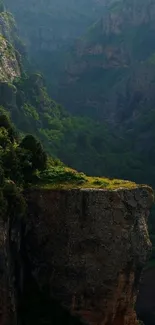 Breathtaking view of lush green gorge with cliffs under dramatic lighting.