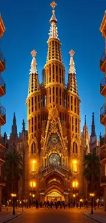 Gothic cathedral at dusk with warm illumination and intricate design.