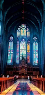 Gothic cathedral interior with stained glass windows.