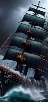 Gothic ship sails through stormy seas with lightning and waves.