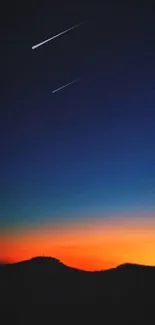 Vibrant night sky with gradient colors and shooting stars, perfect for phones.