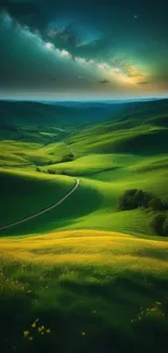 Serene green hills under a starry night sky.