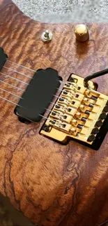 Close-up of a guitar's wood texture with golden hardware.