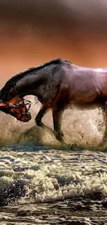 Horse galloping through ocean waves at sunset on a beach.