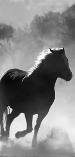 Monochrome silhouette of a horse running in a misty landscape.