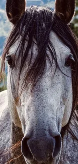 Majestic gray horse in serene forest setting.