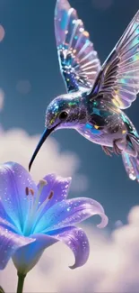 Hummingbird with vibrant wings hovers near a colorful flower in a dreamy sky.