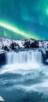 Northern lights over Iceland waterfall landscape.