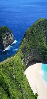 Tropical beach with lush cliffs and vibrant blue water.