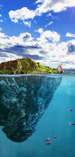 Island with underwater rock and fish, under blue sky.