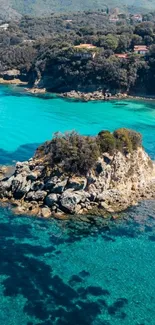 Aerial view of a tropical island surrounded by turquoise blue water.