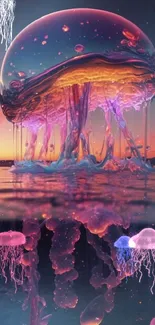 Surreal jellyfish glows under a vibrant sunset, perfect for mobile wallpaper.