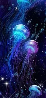 Vibrant jellyfish floating in a galaxy-themed wallpaper.