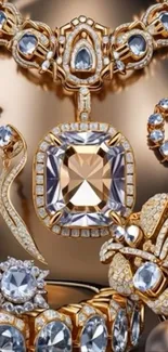 Luxurious jewelry collection with gold and gems.