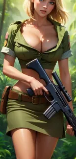 Anime soldier in a lush green jungle setting.