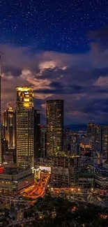 Night view of Kuala Lumpur skyline with Petronas Towers under a starry sky.