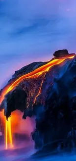 Stunning lava flow into ocean with vibrant colors.