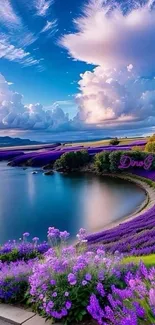 Majestic lavender fields beside a calm lake under a captivating sky.