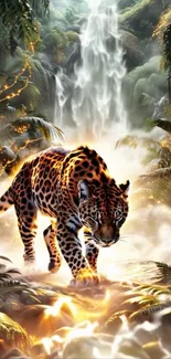 Leopard walking in a mystical jungle with a waterfall background.