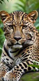 Leopard resting in lush jungle foliage, showcasing its magnificent spots.