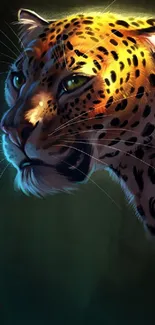 Vivid illustration of a leopard with intricate details on a phone wallpaper.