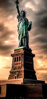 Statue of Liberty with dramatic cloudy sky.