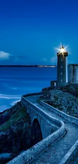 Lighthouse on a rocky shore under a navy blue night sky.