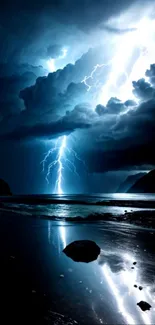 Lightning illuminates a dark beach scene with striking clouds.