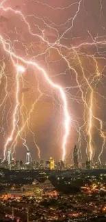 Electrifying cityscape with vivid lightning on the horizon, illuminating the skyline.