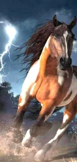 Dynamic wallpaper of a horse in a lightning storm, full of energy and movement.