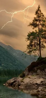 Mobile wallpaper of a tree by a lake with a lightning strike in a golden sky.