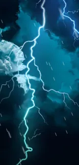 Vibrant lightning striking through dark storm clouds.