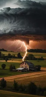 Lightning hitting a barn under dramatic storm clouds.