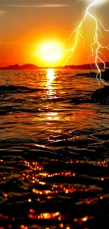 Vibrant sunset with lightning over the ocean, ideal for mobile wallpaper.