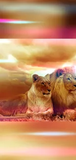 Majestic lion couple resting under a vibrant, colorful sky in nature.