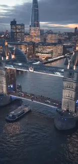 Aerial view of London’s Tower Bridge at twilight.