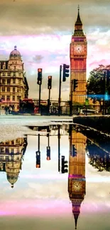 Big Ben and cityscape reflection on a rainy London street.