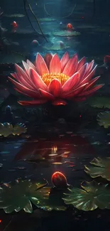 Vibrant lotus bloom on a tranquil night pond, surrounded by gentle lily pads.