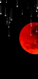 Vibrant blood moon with falling stars on a black sky background.