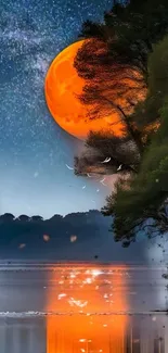 Orange moon reflecting on a tranquil lake at night.