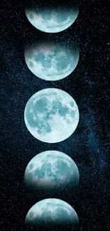 Lunar phases illustrated on a starry dark blue night sky wallpaper.