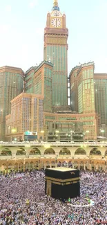 Makkah skyline featuring the Kaaba at sunset, highlighting architectural beauty.